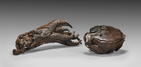 TWO WOOD PIECES: Lotus Box & Citron Ornament: TWO WOOD PIECES: Lotus Box & Citron Ornament Two unusual, Chinese carved wood pieces: charming box and cover in the form of a lotus pod, with a spray of millet; together with openwork ornament of a fi