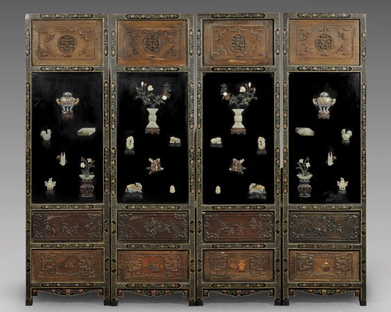 FOUR PANEL HARDWOOD APPLIQUÉD SCREEN: FOUR PANEL HARDWOOD APPLIQUÉD SCREEN Chinese four-panel hardwood screen; each center lacquered panel set with finely detailed, carved hardstone and cloisonné appliqués of precious vessels and schol