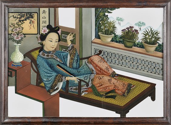 PAIR ANTIQUE REVERSE GLASS PAINTINGS: PAIR ANTIQUE REVERSE GLASS PAINTINGS Pair of finely detailed, antique Chinese reverse glass painted mirrors: each depicting a lady reclining on a settee at leisure, one reading and one holding a fan, 