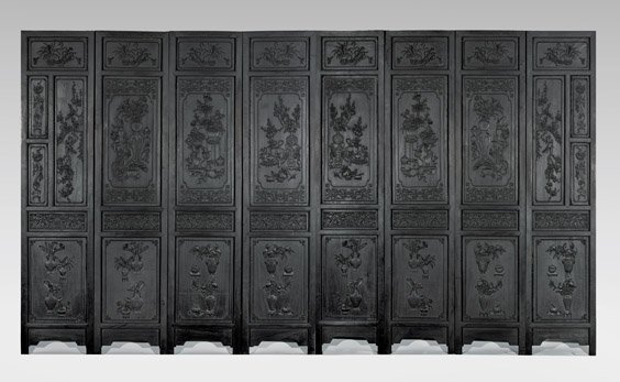HEAVY EIGHT-PANEL HARDWOOD SCREEN: HEAVY EIGHT-PANEL HARDWOOD SCREEN Extremely heavy, Chinese carved eight-panel hardwood screen (possibly Zitan); each panel with design of finely detailed flowering precious vessels, flanked by smaller