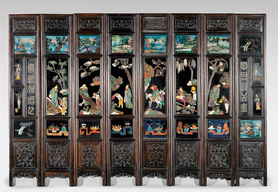 ANTIQUE HARDWOOD SEVEN-PANEL SCREEN: ANTIQUE HARDWOOD SEVEN-PANEL SCREEN Antique Chinese hardwood seven-panel screen: the center panels with figural scenes in carved and appliqué hardstones and shells; flanked above and below with rever