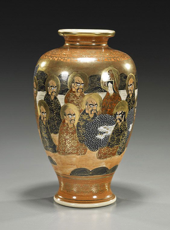 Old Japanese Satsuma Earthenware Vase: Old Japanese Satsuma Earthenware VaseJapanese, early 20th Century Satsuma glazed earthenware vase; of ovoid form with flared foot and with design of Arhats, dragon and Kannon, much use of gilt and bri