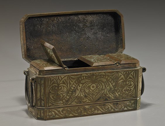 Antique Bronze Beetle Nut Box: Antique Bronze Beetle Nut Box Antique and heavy, Southeast Asian or Indonesian bronze beetle nut container; of rectangular form with chamfered corners and hinged cover, housing 4 interior compartments