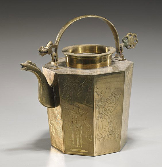 Old Chinese Octagonal Brass Teapot: Old Chinese Octagonal Brass TeapotEarly 20th Century, Chinese brass teapot and cover; octagonal form with engraved designs of beauties in gardens, with hinged handle; H: 6 1/4"