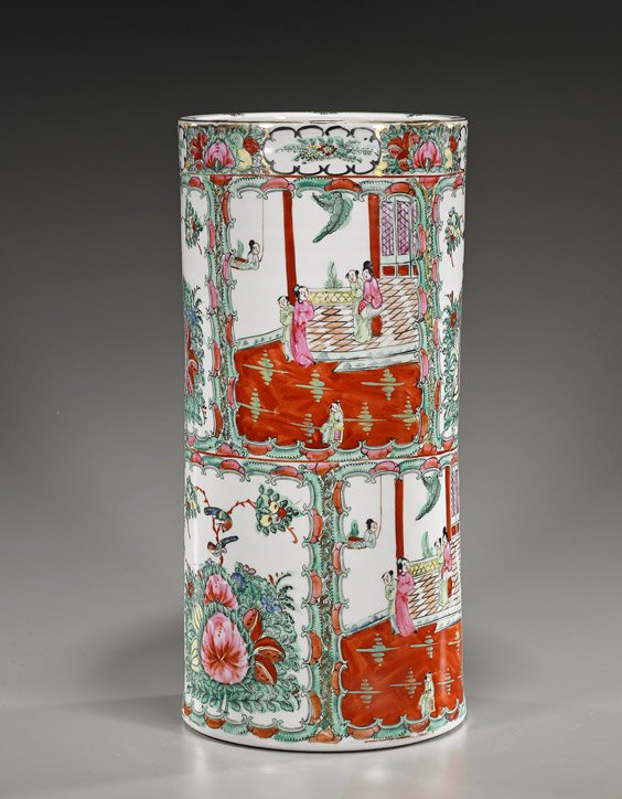 Tall Chinese Rose Medallion Umbrella Stand: Tall Chinese Rose Medallion Umbrella Stand Tall Chinese Rose Medallion porcelain umbrella stand; cylindrical form with typical bird, floral and figural scenes; H: 18"