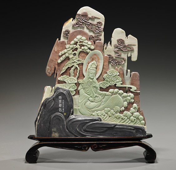 Unusual Chinese Carved Soapstone Tablescreen: Unusual Chinese Carved Soapstone Tablescreen Unusual Chinese, "cameo" carved multilayer soapstone tablescreen; with design of Guanyin seated in a landscape with tree and mountain, inscription (repaire