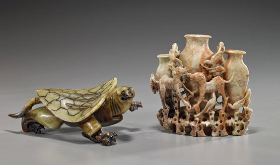 Two Chinese Carvings: Pillow & Triple Vase: Two Chinese Carvings: Pillow & Triple Vase Two Chinese carvings: old soapstone triple vase with elaborate openwork design of qilin and birds with rockery below; together with an archaistic hardstone p