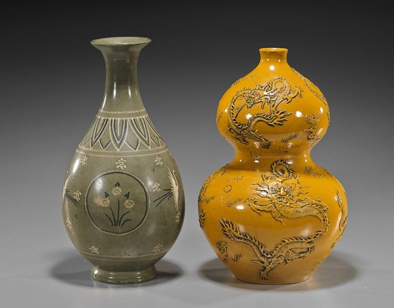 Two Various Glazed Asian Ceramic Vases: Two Various Glazed Asian Ceramic Vases Two various glazed ceramic vases: Chinese yellow double gourd form with allover low relief molded dragons, seal mark, together with a Koryo-style inlaid celadon 