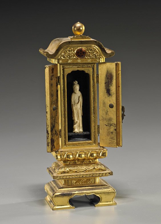 Antique Japanese Lacquer Shrine with Ivory Figure: Antique Japanese Lacquer Shrine with Ivory FigureAntique Japanese gold lacquer vertical shrine; with elaborate detailing (some wear), the interior with a carved ivory figure standing in long robes, la