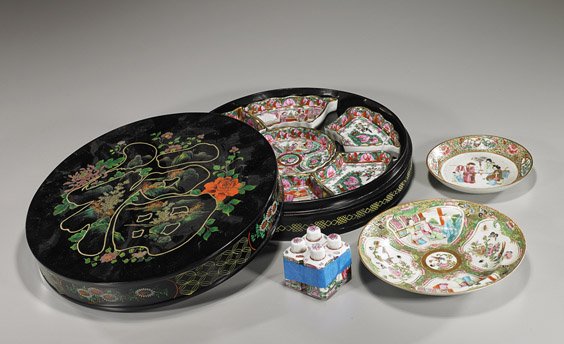 Group of Chinese Rose Medallion Porcelains: Group of Chinese Rose Medallion Porcelains Group of Chinese Rose Medallion porcelains, including: two antique plates, the smaller early 19th Century; two pair modern salt and pepper shakers; and a swe