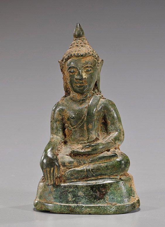 Antique Southeast Asian Bronze Figure: Antique Southeast Asian Bronze Figure Antique Southeast Asian bronze Buddhist figure; seated in lotus posture atop a pedestal, with hands in mudra and prominent ushnisha, well patinated, probably 17th