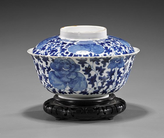 Antique Chinese Blue & White Porcelain Bowl: Antique Chinese Blue & White Porcelain Bowl Antique Chinese, blue and white porcelain Kangxi-style bowl and cover; both with allover flowering vine motif, 4-character mark to both (rim chips, minor gl