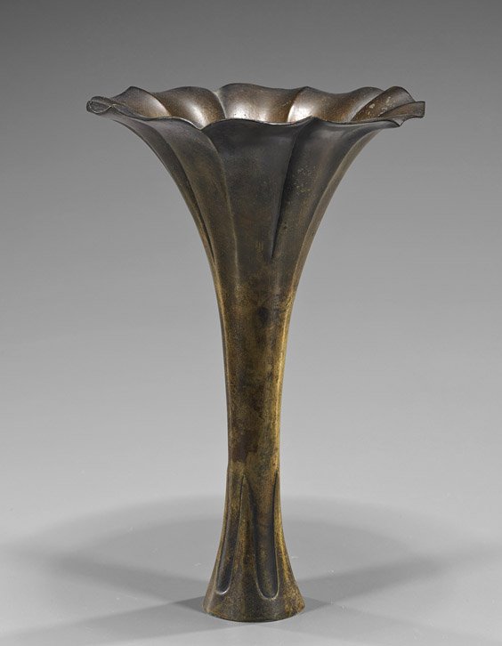 Antique Chinese Bronze Beaker-Form Vase: Antique Chinese Bronze Beaker-Form Vase Antique Chinese bronze beaker-form vase; with wide flared, foliate mouth, signed (somewhat cleaned, rim crack), 19th Century; H: 10 1/2"