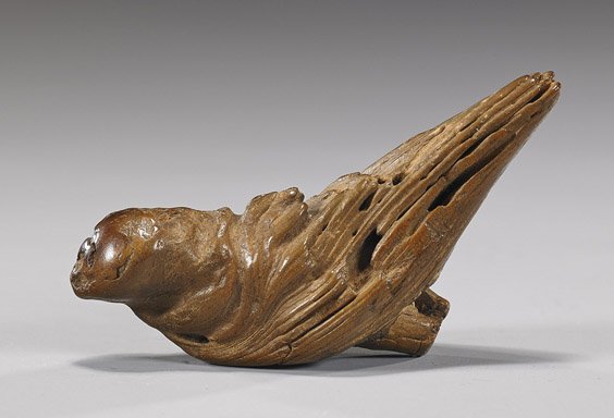 Antique Driftwood Netsuke: Bird: Antique Driftwood Netsuke: Bird Unusual and rare, antique driftwood(?) netsuke; modeled in the form of a bird (usual wear and fissures), 19th Century