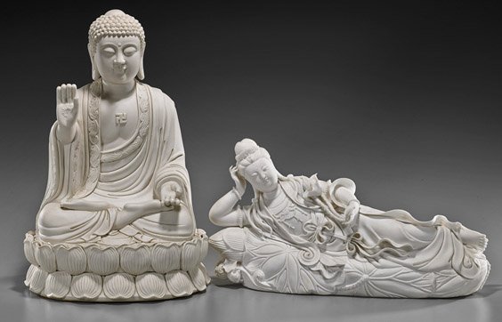 2 Chinese Unglazed Porcelain Buddhist Figures: 2 Chinese Unglazed Porcelain Buddhist Figures Two Chinese unglazed porcelain Buddhist figures: reclining Guanyin or Bodhisattva, atop a lotus leaf couch and holding a lotus blossom; together with a la