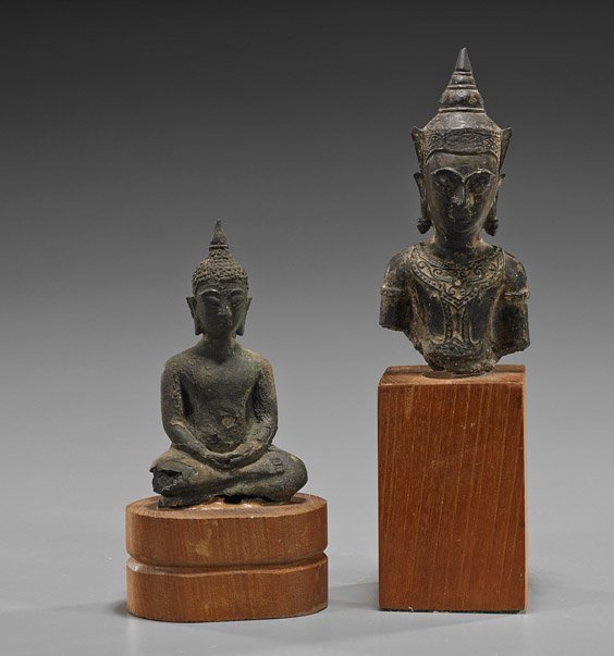 Two Antique Southeast Asian Buddhist Bronzes: Two Antique Southeast Asian Buddhist Bronzes Two antique Southeast Asian Buddhist bronzes: possibly Cambodian half figure, with elaborate jewelry and tall headdress; the other seated in lotus posture 