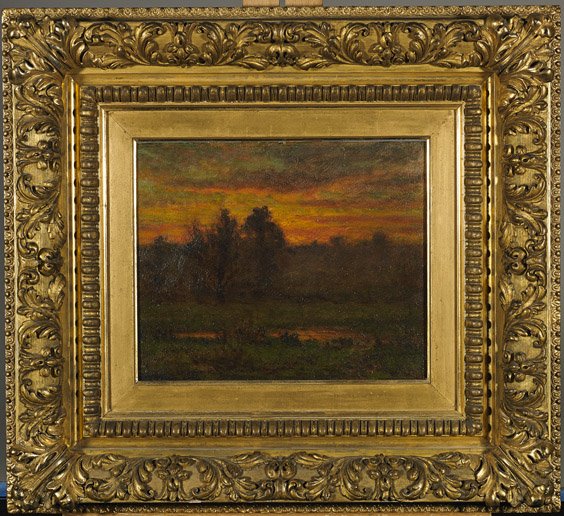 Oil on Panel Painting: Sunset Landscape: Oil on Panel Painting: Sunset Landscape Oil on panel painting; depicting a sunset landscape with trees, unsigned; 9 3/4" x 12", very elaborate gilt frame