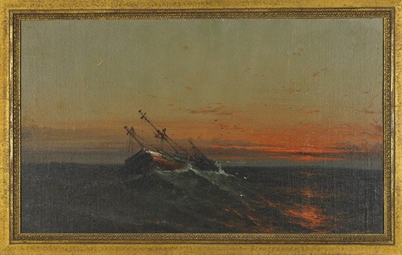 Oil on Canvas Painting: Ship at Sea: Oil on Canvas Painting: Ship at Sea Oil on canvas painting; depicting a dramatic scene of a ship at sea among crashing waves at sunset appears, unsigned, re-stretched and mounted on a canvas; 14 1/2" 
