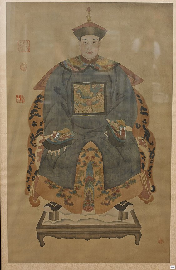 Large Chinese Ancestor Portrait on Silk: Large Chinese Ancestor Portrait on Silk Large Chinese ancestor portrait on silk; depicting a man in long robes seated on a throne chair with animal pelt cover, his robes with dragon and pearl square t