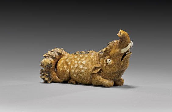 ANTLER NETSUKE BY NICK LAMB: Baku: ANTLER NETSUKE BY NICK LAMB: Baku Large, finely carved and realistically stained, stag antler netsuke by Nick Lamb (English, b. 1948); of a Baku with inlaid eyes, teeth and tusks; signed on inset gold