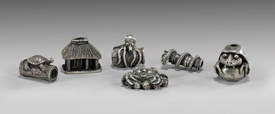 SIX SILVER OJIME BY BRAD BLAKELY: SIX SILVER OJIME BY BRAD BLAKELY Set of six, solid silver ojime beads by Brad Blakely, including: kappa in shell with red inlaid eyes; snake wrapped around bamboo; crab with anthropomorphic face; turt
