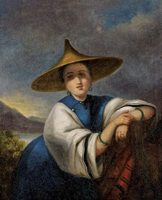 RARE ANTIQUE CHINA TRADE OIL PAINTING: RARE ANTIQUE CHINA TRADE OIL PAINTINGRare and antique, China Trade oil on canvas painting; done after George Chinnery (English, 1774-1852) "A Chinese Sampan Girl", possibly by Lam Qua (Chinese, 1801��