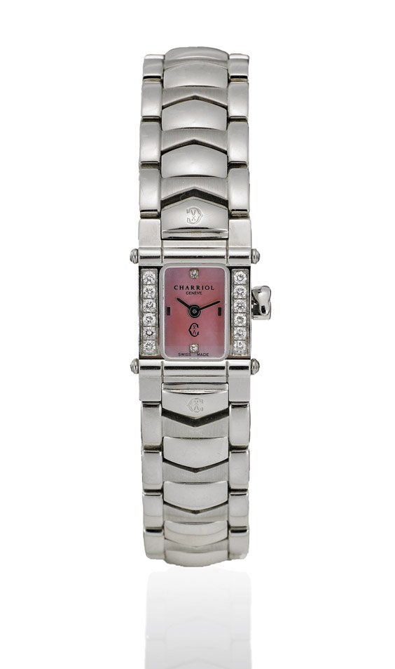LADIES' CHARRIOL DIAMOND WRISTWATCH: LADIES' CHARRIOL DIAMOND WRISTWATCHLadies' Phillippe Charriol stainless steel wristwatch; with pink mother-of-pearl dial, with single-diamond indices at 12 o'clock and 6 o'clock, a row of round white