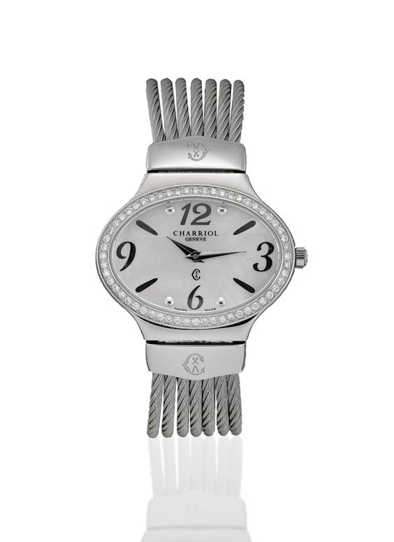LADIES' CHARRIOL DIAMOND WRISTWATCH: LADIES' CHARRIOL DIAMOND WRISTWATCHLadies' Philippe Charriol "Darling Oval" stainless steel quartz wristwatch; with diamond-set bezel framing the mother-of-pearl dial, on seven-cable bracelet 女