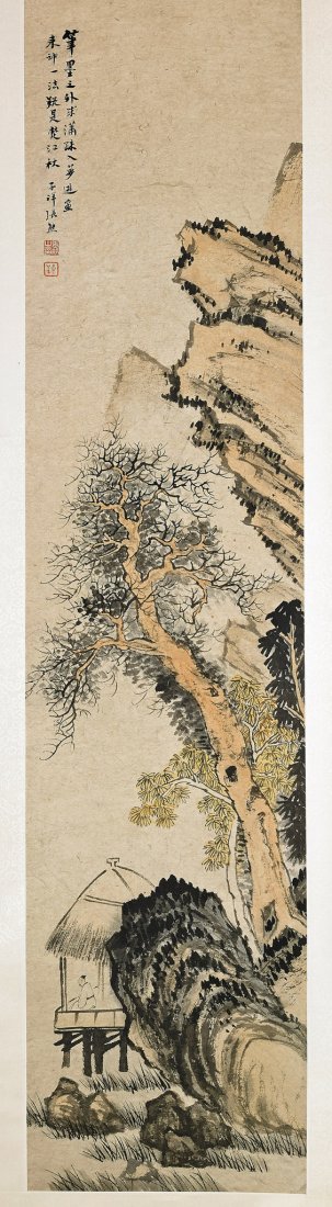 Two Chinese Paper Landscape Scrolls: Two Chinese Paper Landscape Scrolls Two Chinese ink and colors on paper scrolls: one depicting a figure in a thatched dwelling at the foot of sharp peaks (toned); the other of a winter landscape with 