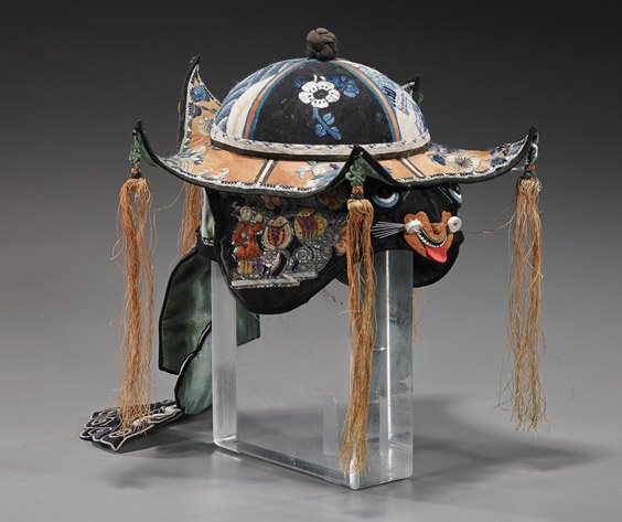 Antique Chinese Embroidered Silk Hat: Antique Chinese Embroidered Silk Hat Very unusual and antique, Chinese embroidered silk hat; five pointed form, the front with cat face design, the top with various florals (some wear); L: 9 1/2"