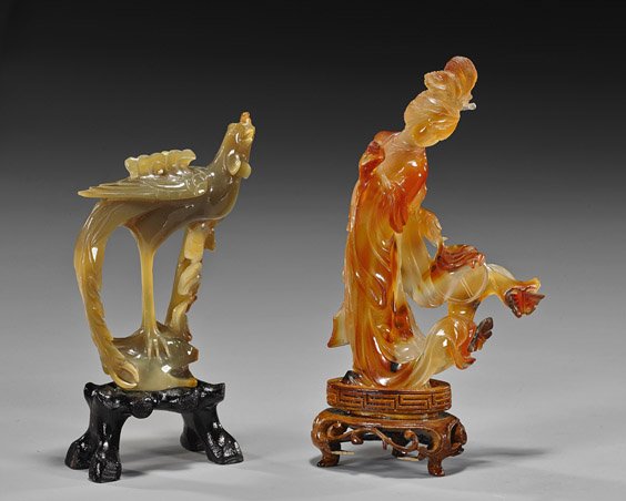 Two Chinese Agate Carvings: Beauty & Bird: Two Chinese Agate Carvings: Beauty & Bird Two Chinese agate carvings: carnelian beauty wearing long flowing robes, holding a flower in one hand, a fan in the other and with butterflies behind her; and
