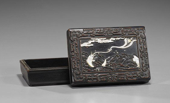Chinese Carved Rectangular Hardwood Box: Chinese Carved Rectangular Hardwood BoxChinese carved hardwood box; rectangular form, the cover with design of a fish among waves with some ivory or bone and mother-of-pearl appliqué details and fram