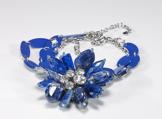 Large Decorative Pendant Necklace: Large Decorative Pendant NecklaceUnusual decorative necklace and pendant; the metal chain with some bright blue enameled links and the pendant a cluster of sodalite or dyed agate, glass, and with some