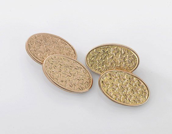 Pair Antique English Yellow Gold Cufflinks: Pair Antique English Yellow Gold CufflinksPair antique English yellow gold chain link style cufflinks; each with double oval panel engraved with maple leaf or star motif; each signed H.G & S, probably