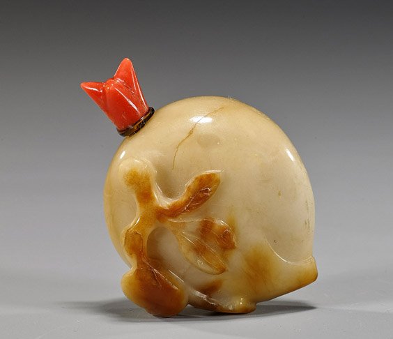 Antique Chinese Carnelian Agate Snuff Bottle: Antique Chinese Carnelian Agate Snuff Bottle Finely hollowed and antique, Chinese carnelian agate snuff bottle; of peach form with smaller peach on a branch and bat in relief, late 19th Century; coral