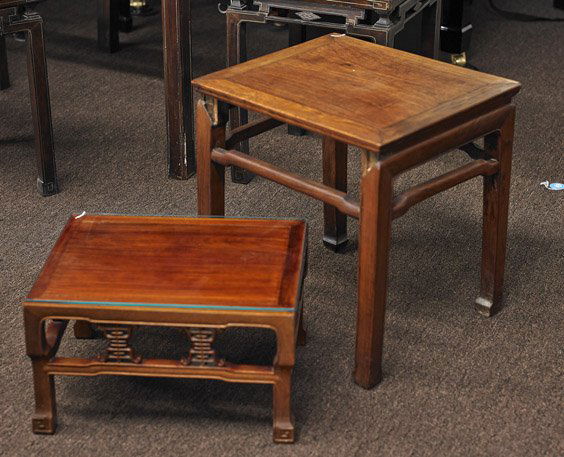 Two Old Chinese Hardwood Small Tables: Two Old Chinese Hardwood Small TablesTwo old Chinese hardwood small tables: one square form side table (losses); together with a smaller rectangular table with openwork Shou characters to the apron, w