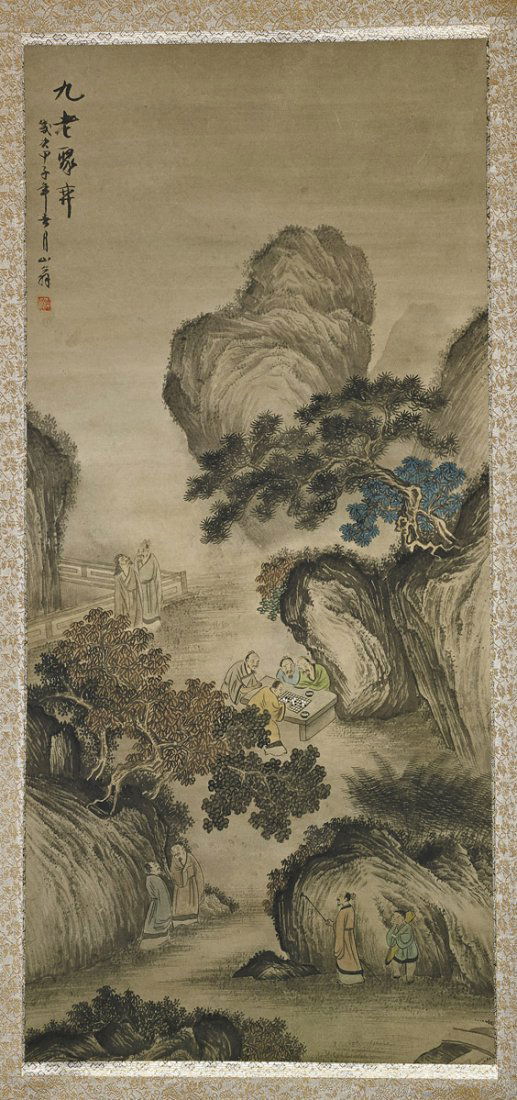 Two Chinese Paper Landscape Scrolls: Two Chinese Paper Landscape ScrollsTwo Chinese ink and colors on paper scrolls: one depicting figures seated at a table in landscape with rockery all around (heavily toned); the other of sharp peaks w
