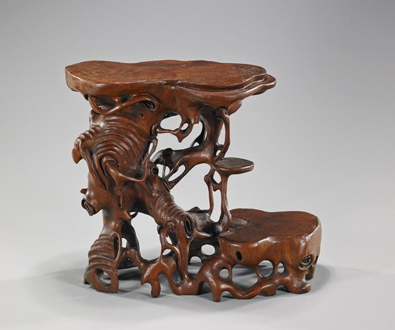 Unusual Chinese Naturalistic Rootwood Stand: Unusual Chinese Naturalistic Rootwood Stand Unusual Chinese naturalistic rootwood stand; of openwork, somewhat tree form, with three flat areas for displaying objects; L: 10 1/2" (overall)