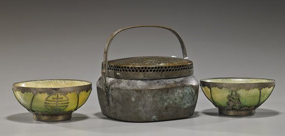 Antique Hand Warmer & Pair Hardstone Bowls: Antique Hand Warmer & Pair Hardstone Bowls Antique Chinese copper hand warmer, of rounded square form with openwork floral cover and hinged handle (wear); together with two metal work mounted hardston