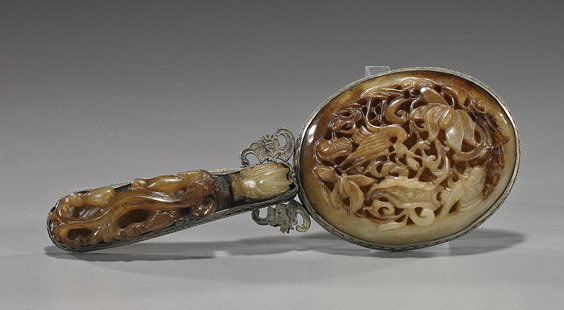 Chinese Silvered & Hardstone Hand Mirror: Chinese Silvered & Hardstone Hand MirrorChinese silver-plated hand mirror; set with carved hardstones: the handle with dragon belt buckle with openwork hydra, the mirror with openwork oval plaque of c