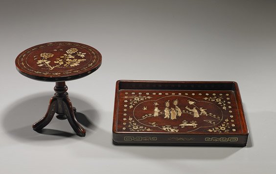 Two Antique Bone Inlaid Wood Items: Two Antique Bone Inlaid Wood Items Two antique bone inlaid wood items: rectangular Chinese tray with figural and floral designs to the interior, Buddhist emblems and scrolling designs to the exterior;