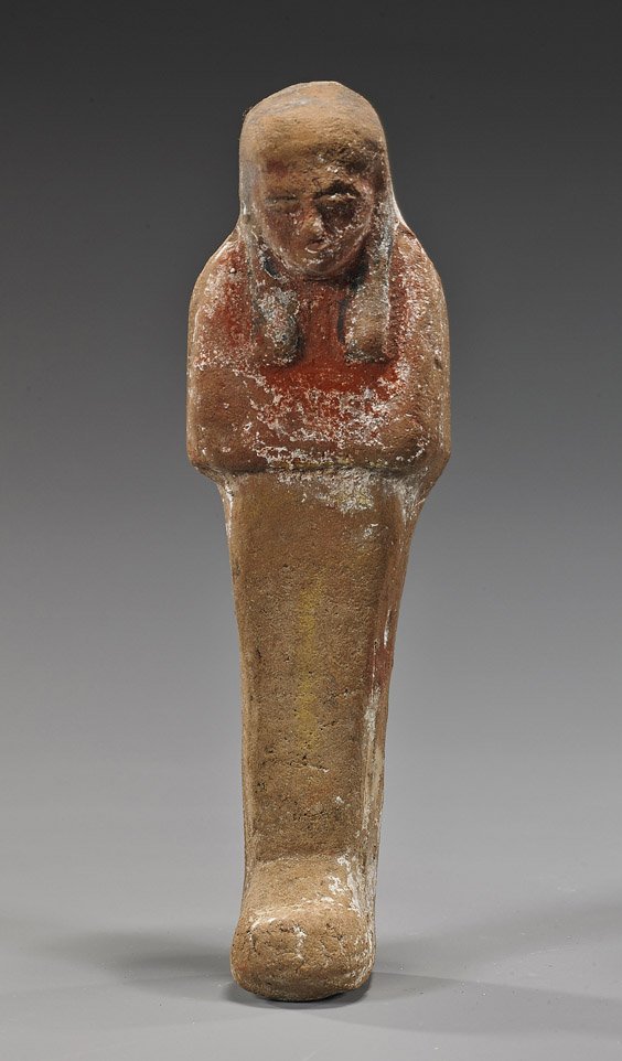 Ancient Egyptian Painted Pottery Ushabti: Ancient Egyptian Painted Pottery Ushabti Ancient Egyptian painted pottery ushabti; with usual headdress and with well modeled face, some remaining pigments (some usual wear); H: 6 1/4"