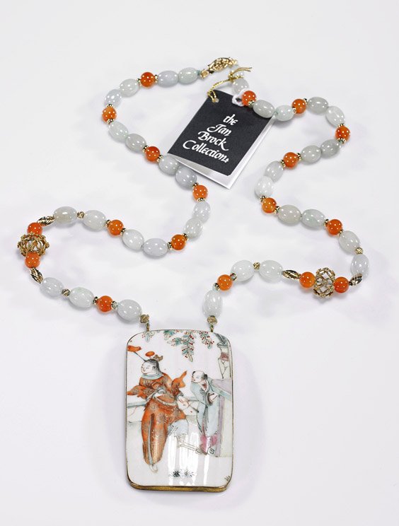 Bead Necklace with Porcelain Shard Pendant: Bead Necklace with Porcelain Shard Pendant Necklace comprised of translucent light green jadeite and carnelian agate beads with gold or gilt beads, the pendant an antique Chinese enameled porcelain sh