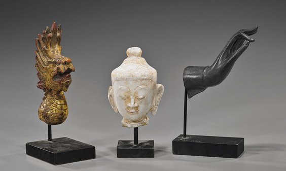 Three Old & Antique Southeast Asian Items: Three Old & Antique Southeast Asian Items Group of three old and antique Southeast Asian items, including: carved white marble head of Buddha (some wear); copper or bronze hand of Buddha with elongate