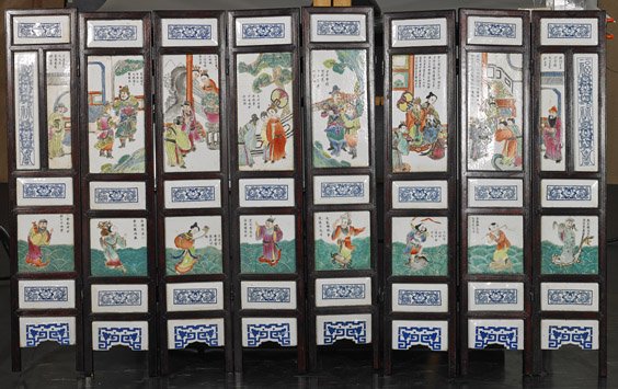 Antique Chinese 8-Panel Porcelain Screen: Antique Chinese 8-Panel Porcelain Screen Antique Chinese 8-panel folding screen; each panel set with Famille Rose porcelain figural tiles with somewhat continuous scene above Eight Immortals, and with