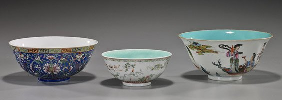 3 Various Antique Chinese Porcelain Bowls: 3 Various Antique Chinese Porcelain Bowls Three antique Chinese porcelain bowls: Jiaqing-style with design of ladies in boats, turquoise interior; Daoguang-style blue ground Famille Rose with bats, fl