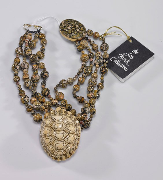 Jasper Bead Necklace with Ivory Pendant: Jasper Bead Necklace with Ivory Pendant Necklace of "leopard jasper" beads; the round beads in various sizes and with large jasper clasp, an old carved ivory turtle form netsuke as pendant, signed; L: