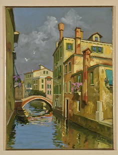 Oil on Canvasboard Painting by L. Sollazzi: Oil on Canvasboard Painting by L. SollazziOil on canvasboard painting by Lucio Sollazzi (b. 1925); depicting a canal in Venice, Italy, with tall buildings rising up on either side; 16" x 12", framed;