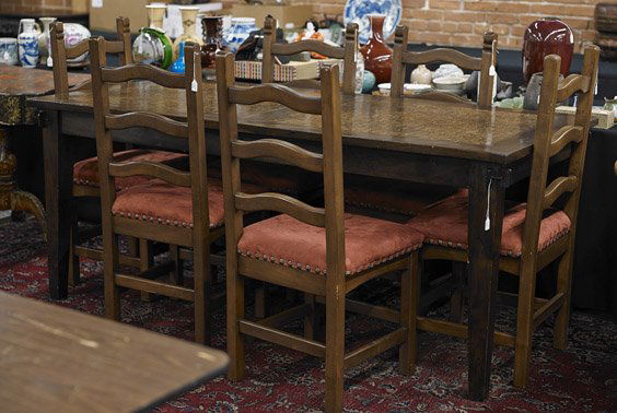 Set Heavy Wood Dining Table & 6 Chairs: Set Heavy Wood Dining Table & 6 ChairsExtremely heavy, wood dining table; with inlaid wood, possibly bamboo, to the top in a basket weave pattern (wear to finish); together with six wood ladder back c