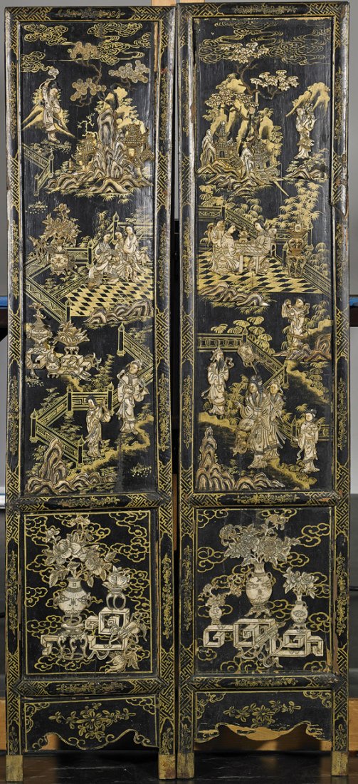 Pair Antique Chinese Appliqué Lacquer Panels: Pair Antique Chinese Appliqué Lacquer Panels Pair antique Chinese lacquer panels, probably from a screen; each with elaborately carved and appliqué bone designs of figures in gardens and with precio
